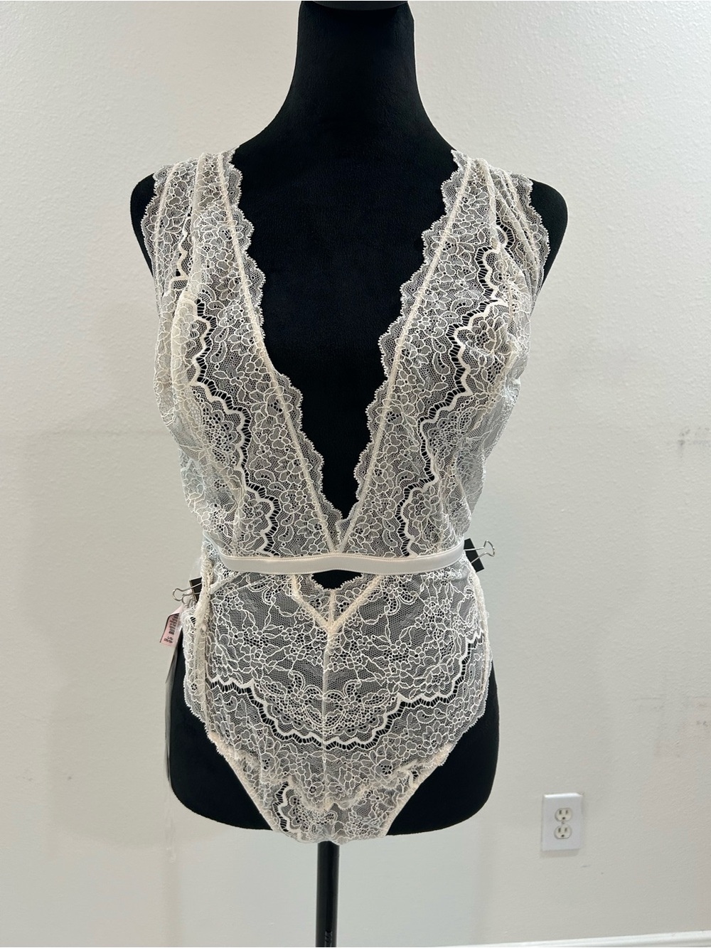 Victoria’s Secret Lace Plunge V-Neck Teddy Bodysuit in Ivory